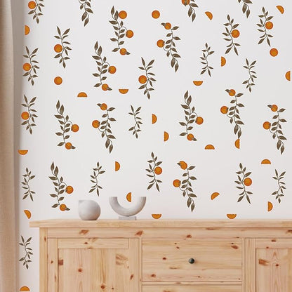 Orange Leaf Wall Stickers Boho Fruit Leaf Wall Stickers Removable Botanical Vintage Fruit Wall Decals Citrus Green Leaves Orange Wall Stickers for Nursery Kids Room Bedroom Kitchen Decor