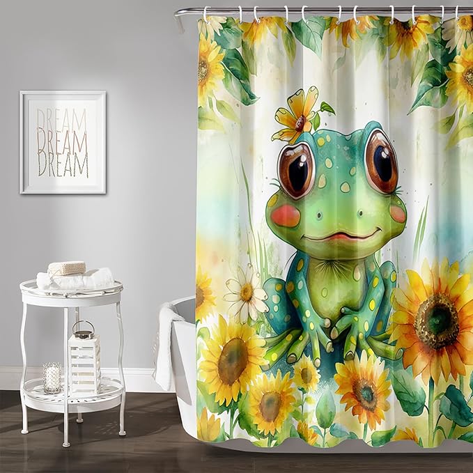 AILONEN Cartoon Green Frog Shower Curtain,Watercolor Sunflower Shower Curtain,Cute Kawaii Frog Curtain for Kids Girls Boys,Yellow Flower Animal Frog Print Waterproof Bath Curtain 72" W x 84" H