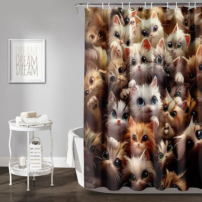 AILONEN Kawaii Cat Shower Curtain for Kids Boys,Lovely Hairy Cat Fabric Shower Curtains for Bathroom,Cute Animal Kittens Polyester Cloth Bath Curtain Set, 36" W*72" H