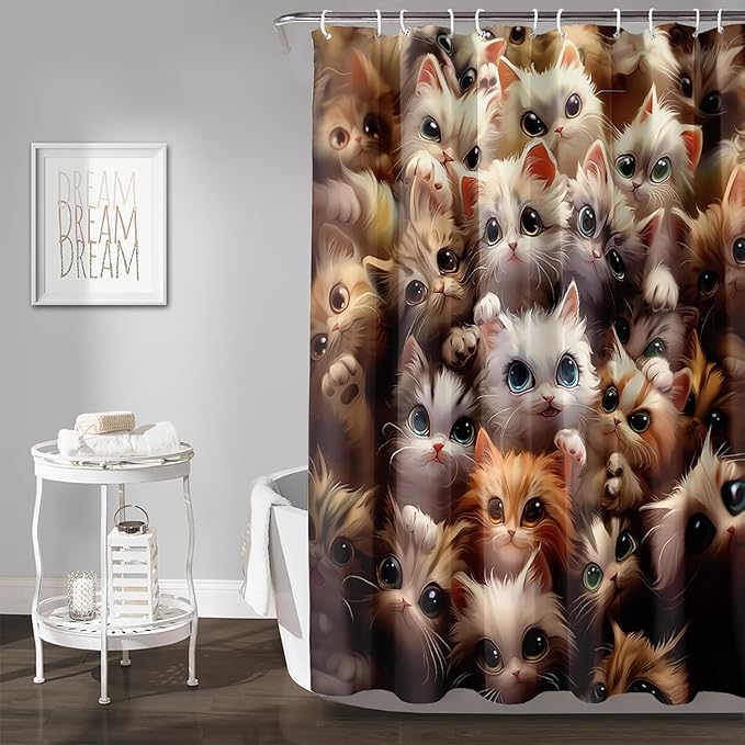 AILONEN Kawaii Cat Shower Curtain for Kids Boys,Lovely Hairy Cat Fabric Shower Curtains for Bathroom,Cute Animal Kittens Polyester Cloth Bath Curtain Set, 72" W*96" H
