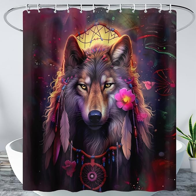 AILONEN 3D Wolf Dream Catcher Shower Curtain for Bathroom,Safari Wolf Printed Bath Curtain for Boys Men,Wildlife Decoration Shower Curtain Waterproof 48" W*72" H
