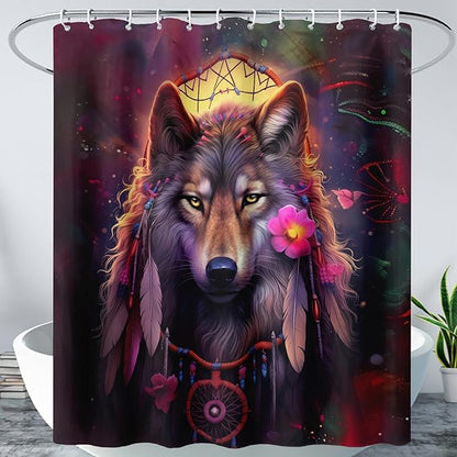 AILONEN 3D Wolf Dream Catcher Shower Curtain for Bathroom,Safari Wolf Printed Bath Curtain for Boys Men,Wildlife Decoration Shower Curtain Waterproof 36" W*72" H