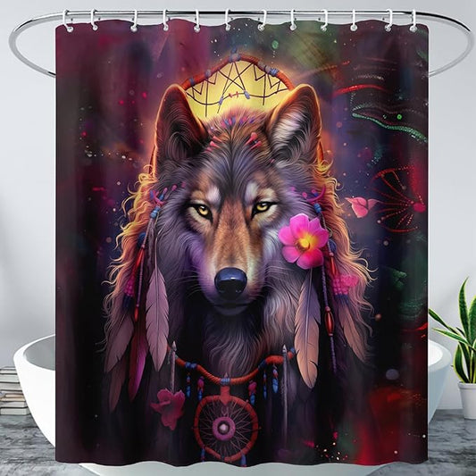 AILONEN 3D Wolf Dream Catcher Shower Curtain for Bathroom,Safari Wolf Printed Bath Curtain for Boys Men,Wildlife Decoration Shower Curtain Waterproof 36" W*72" H