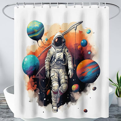AILONEN Astronaut Shower Curtain for Bathroom,Planet Spaceman Bath Curtain for Kids Boys Teens,Universe Polyester Waterproof with 12 Plastic Hooks 72" W*96" H