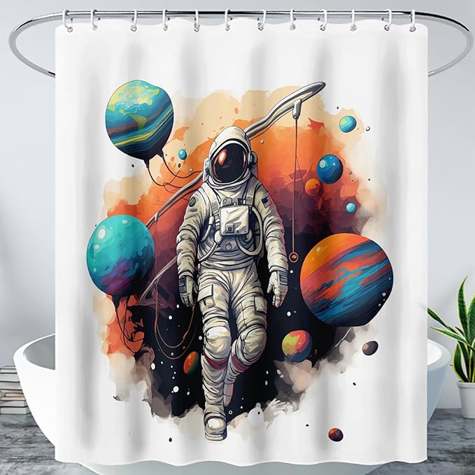 AILONEN Astronaut Shower Curtain for Bathroom,Planet Spaceman Bath Curtain for Kids Boys Teens,Universe Polyester Waterproof with 12 Plastic Hooks 72" W*78" H