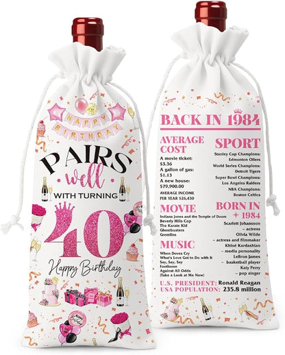 40th Birthday Gifts Women Men Wine Bag, 40 Year Old Birthday Gifts for Women Men, Happy 40th Birthday Party Decorations Woman Man, Pairs Well with Turning 40 Wine Bags (White Pink)