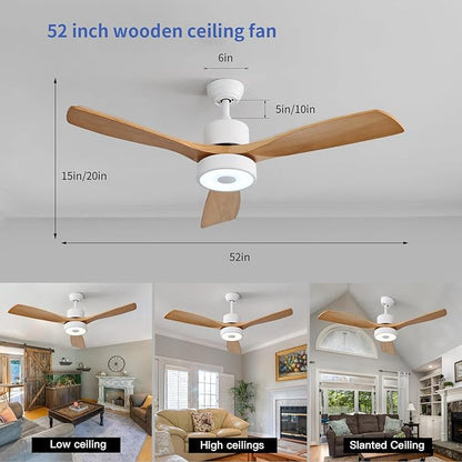 52 Inch Wood Ceiling Fan with RGB Dimming LED Light,with Music Bluetooth Speaker,Remote Control,3-Speed Regulation, Reversible Motor,Timing,for Living Room,Bedroom,Restaurant,Outdoor