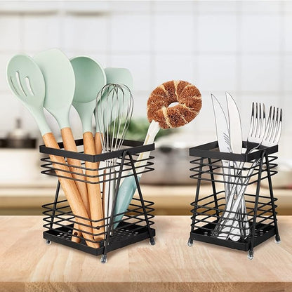 RedCall Utensil Holder for Kitchen Counter,Rectangular Matte Black Spoon Spatula Holder,Metal Steel Wire Cooking Utensil Crock Caddy Organizers,Elegant kitchen utensil holder for countertop (2 Pack)