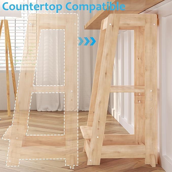 Kids Kitchen Step Stool, Step Stool for Toddlers, Adjustable Height Toddler Standing Tower, Anti-Slip Protection with guardrail, The Anti-Tipping Structure is More Stable (Natural)