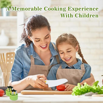 Montessori Kitchen Tools for Toddlers Cooking, Wooden Kids Kitchen Knife Set Include Plastic Toddler Safe Knives, Apron Set, Cutting Board, Sandwich Cutter, Y Peeler, Crinkle Cutter