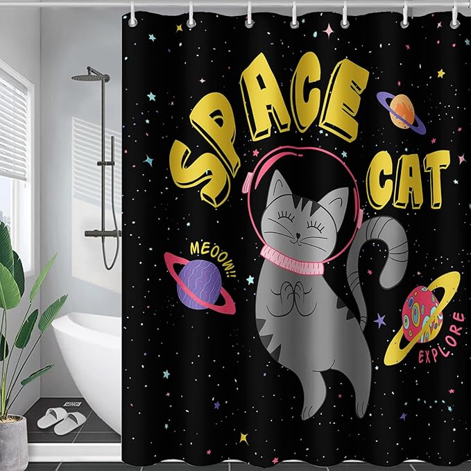 AILONEN Kawaii Cat Shower Curtains,Galaxy Aerospace Cat Bath Curtain for Bathroom,Outer Space Polyester Waterproof with 12 Plastic Hooks 72" W*96" H
