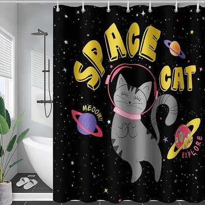 AILONEN Kawaii Cat Shower Curtains,Galaxy Aerospace Cat Bath Curtain for Bathroom,Outer Space Polyester Waterproof with 12 Plastic Hooks 72" W*78" H
