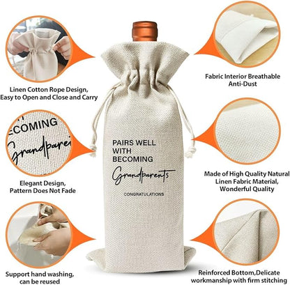 Grandparents Gift Wine Bag, Baby Announcement Wine Gift Bags Gift For New Grandpa Grandma, Grandparents Aunt Uncle, Baby Announcement Cotton Burlap Wine Bag