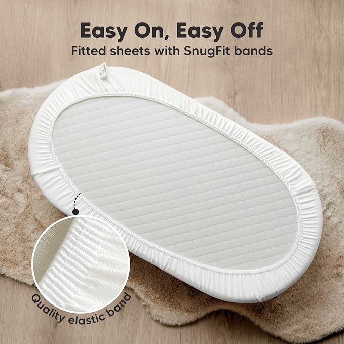 2-Pack Organic Bassinet Sheets for Girls, Boys - 100% Cotton Bassinet Mattress Sheets Compatible with Halo Bassinest Swivel Sleeper, Graco, Baby Delight, Chicco, Fitted Bassinet Sheets (Soft White)