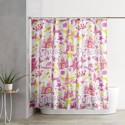 AILONEN Princess Castle Shower Curtain,Cartoon Butterfly and Rose Bathroom Shower Curtain for Girls Boys Kids Teens, 72" W*72" H Pink Glitter Star Theme Bathroom Decor