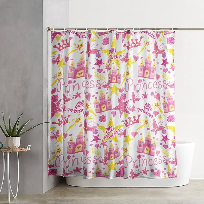 AILONEN Princess Castle Shower Curtain,Cartoon Butterfly and Rose Bathroom Shower Curtain for Girls Boys Kids Teens, 36" W*72" H Pink Glitter Star Theme Bathroom Decor