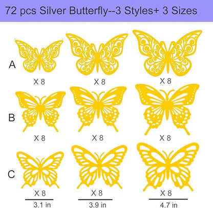 72Pcs 3D Butterfly Wall Decor 3 Sizes 3 Styles, Butterfly Decorations Party Birthday Cake Decoration, Removable Butterfly Wall Stickers for Kids Nursery Wedding Bedroom Room Decor(Silver)