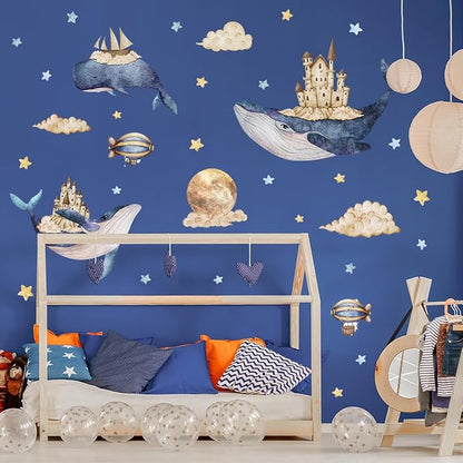 Cartoon Animals Wall Stickers for Kids Bedroom Nursery, Whale Wall Decals, Blue