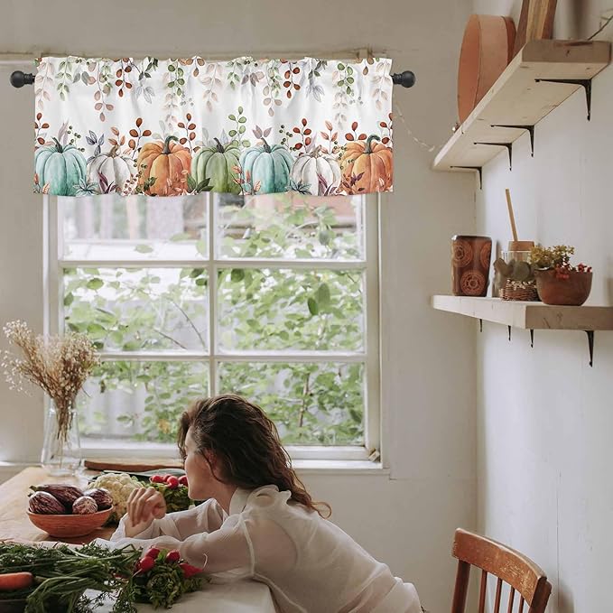 Fall Thanksgiving Kitchen Curtains Valances for Windows Autumn Pumpkins Eucalyptus Leaves Rod Pocket Window Treatment for Kitchen /Living Room/Bedroom/ Bathroom, 42" X 12", Blue Sage Green Orange