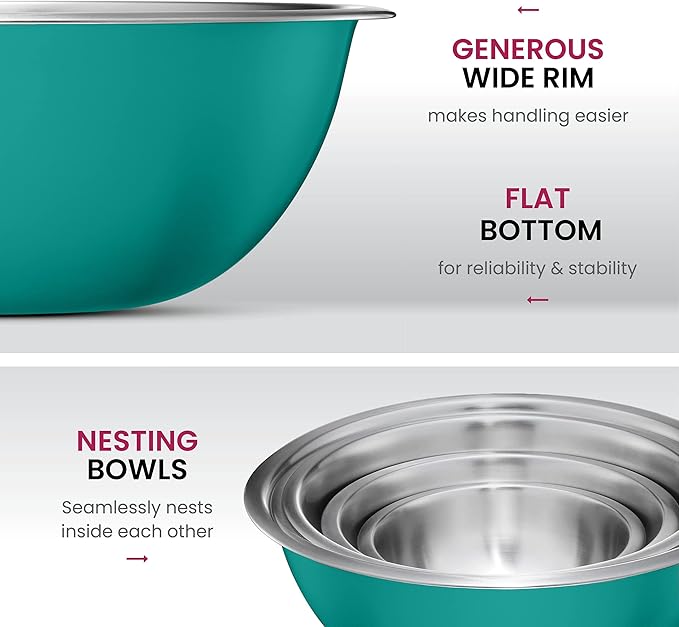 FineDine Stainless Steel Dishware Bowls - Easy To Clean, Nesting Bowls for Space Saving Storage, Great for Cooking, Baking, Prepping, 8 Quarts