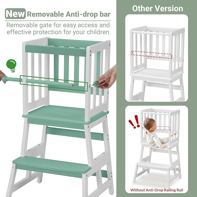 COSYLAND Kids Kitchen Step Stool, Toddler Standing Tower with CPC & FSC Certification, Removable Anti-Drop Railing Safety Rail Enjoys Unique Patented Design A Anti-tip Stable Structure Green & White