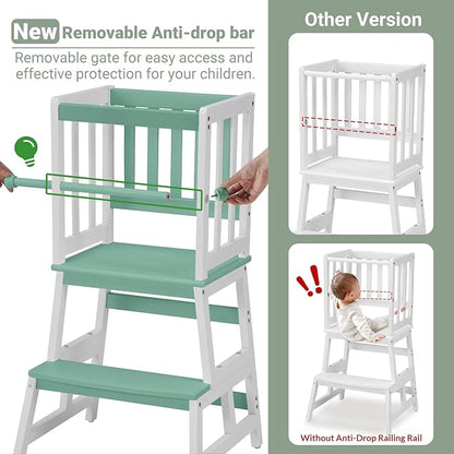 COSYLAND Kids Kitchen Step Stool, Toddler Standing Tower with CPC & FSC Certification, Removable Anti-Drop Railing Safety Rail Enjoys Unique Patented Design A Anti-tip Stable Structure Green & White