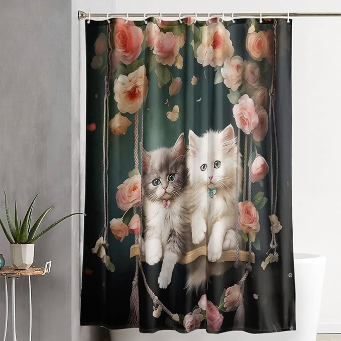 AILONEN Cartoon Beautiful Cat Shower Curtain, Kawaii Kittens with Flower Shower Curtain for Bathroom Decor,Cat Lovers Animal Waterproof Shower Curtains Sets with Hooks,72" W*96" H