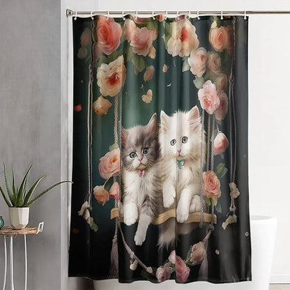 AILONEN Cartoon Beautiful Cat Shower Curtain, Kawaii Kittens with Flower Shower Curtain for Bathroom Decor,Cat Lovers Animal Waterproof Shower Curtains Sets with Hooks,72" W*84" H