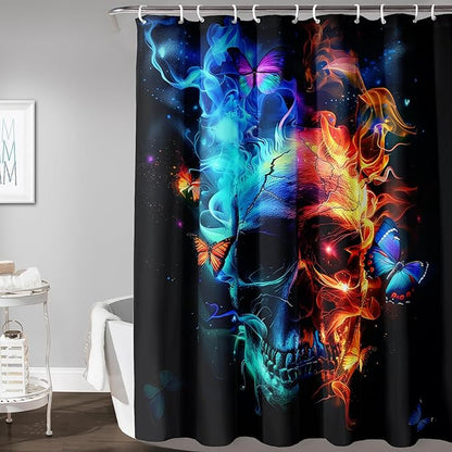 AILONEN Sugar Skull Shower Curtain for Bathroom,Blue and Red Smoky Skull Bath Curtain Decoration,Starry Butterfly Skull Skeleton Print Waterproof Shower Curtain with 12 Plastic Hooks, 72" W*84" H
