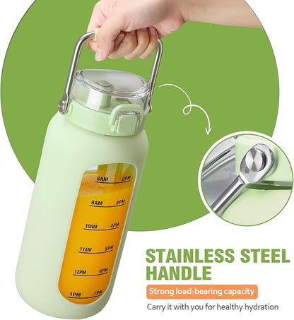 kytffu 64 oz Glass Water Bottle with Straw and Stainless Steel Handle, Half Gallon Water Bottle with Silicone Sleeve and Time Marker, 2L Large Glass Bottle for Gym, School, Travel, Leak-proof (Green)
