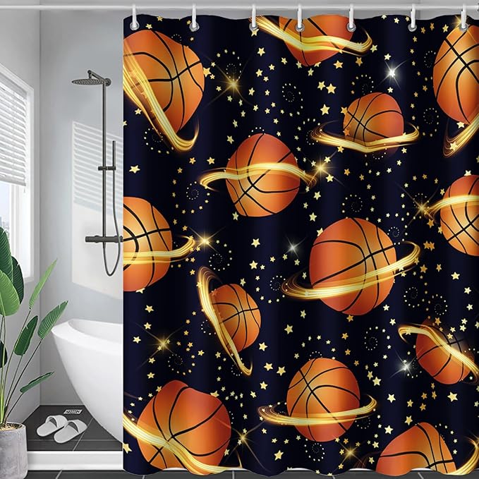 AILONEN Sports Basketball Shower Curtain for Bathroom, Space Planet Ball Print Bath Curtain,Yellow Star Basketball Kids Boys Bathroom Decor Waterproof 60" W*72" H Inch with 12 Plastic Hooks