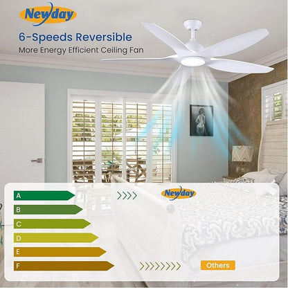 Newday 60" White Ceiling Fans with Light and Remote, Modern, Noiseless Reversible DC Motor, Large Indoor, Kitchen, Bedroom, Living Room