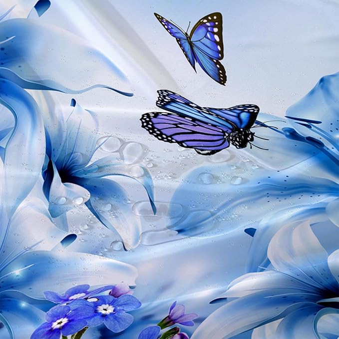 AILONEN Girls Butterfly Shower Curtain for Bathroom,Modern Botanical Floral Tulip Lily Flower Blue Butterfly Decor Bath Curtain 60" W*72" H Polyester Fabric Waterproof Bathroom Curtain with 12 Hooks