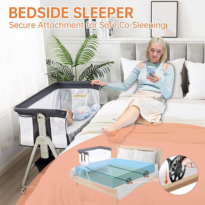 Multifunctional 3-in-1 Baby Bassinet for Bedside Sleep, Nursing & Rocking - Adjustable Height, Breathable Mesh, Portable Design with Mosquito Net, Safe & Supports Independent Sleep (Black)