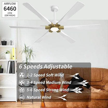 68 Inch Ceiling Fan with Lights and Remote Control, 6 Reversible ABS Blades, 6-Speed Noiseless DC Motor with 4.5" / 12" / 24" Downrods for Bedroom Dining Living Room, Gold and White