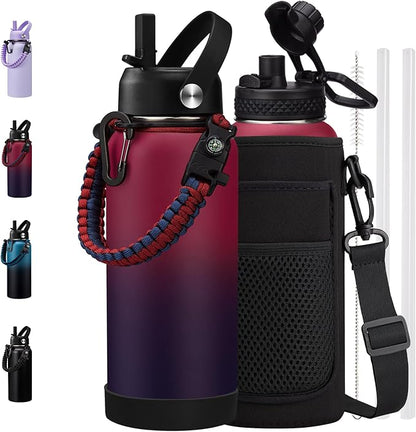 32oz/40oz/64oz Insulated Water Bottle with Straw & Spout Lids, Paracord Handle, Bottle Sleeve, Silicone Boot, Thermal Metal Flask Jug Keep Cold 48H & Hot 24H, Hydro Bottle for Travel Work Camping