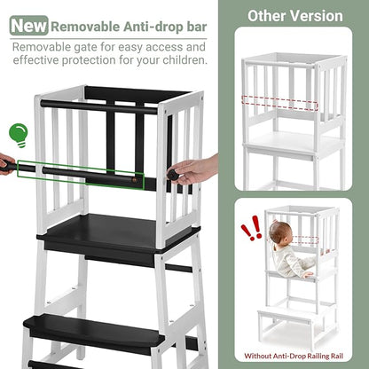 COSYLAND Kids Kitchen Step Stool, Toddler Standing Tower with CPC & FSC Certification, Removable Anti-Drop Railing Safety Rail Enjoys Unique Patented Design A Anti-tip Stable Structure Black & White
