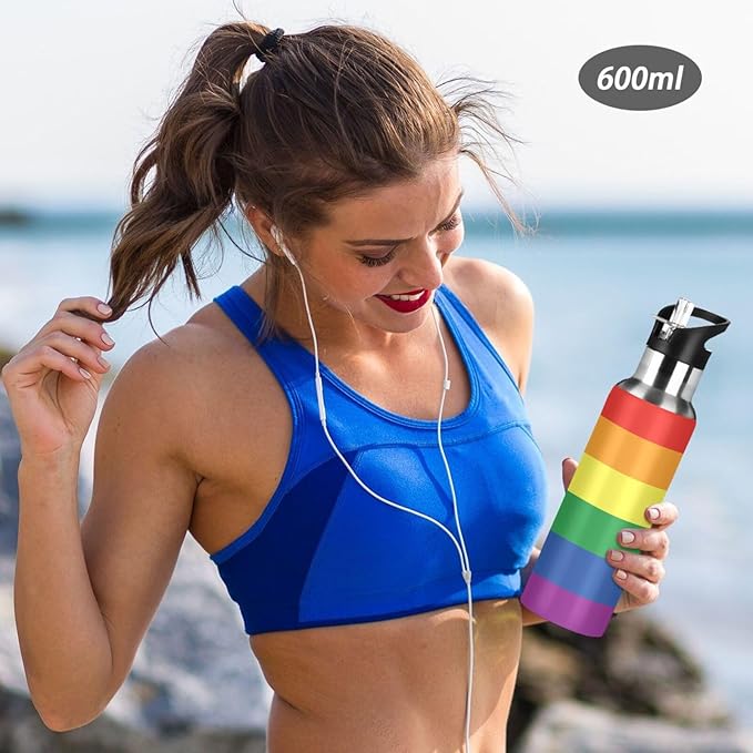 20oz Gay LGBT Rainbow Pride Flag Sports Water Bottle,Double Wall Vacuum Insulated Stainless Steel Lesbian Water Bottle with Straw Keeps Hot＆ Cold, Bike Running Travel Pride Day Month Gifts