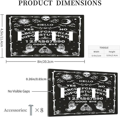 Black Witchy Skeleton Skull Gothic Sun Moon Quad Toggle Novelty Light Switch Covers Decorative Unique 4 Gang Wall Plate Electrical Faceplate Switchplate for Bedroom Bathroom Decor
