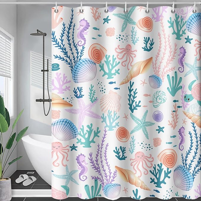AILONEN Kids Ocean Shower Curtain for Bathroom,Funny Cute Octopus Fish Ocean Under Sea Coral Starfish Bath Curtain for Boys Girls,72" W*84" H Art Waterproof Decor Fabric 12 Pack Hooks
