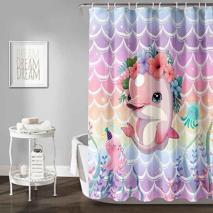 AILONEN Cute Dolphin Shower Curtain,Beautiful Sea World Theme Bath Curtain Cloth Fabric Bathroom 72" W*84" H Inch,12 Pack Hooks for Kids Child Cute Pink Dolphin Sea Animal Bathroom Curtain