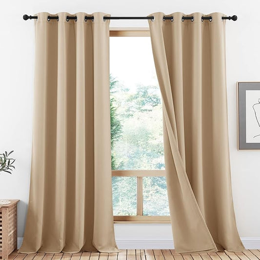 NICETOWN Thermal Insulated 100% Blackout Curtains, Noise Reducing Performance Drapes with Lining, Full Light Blocking Drapery Panels for Patio (Biscotti Beige, 1 Pair, 52 inches x 95 inches)