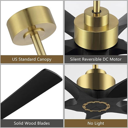 60 Inch Modern Ceiling Fan without Light, 5 Solid Wood Blades 6-Speed Noiseless Reversible DC Motor, Ceiling Fan with Remote Control for Bedroom Living Room, Gold Finish with Black Blades