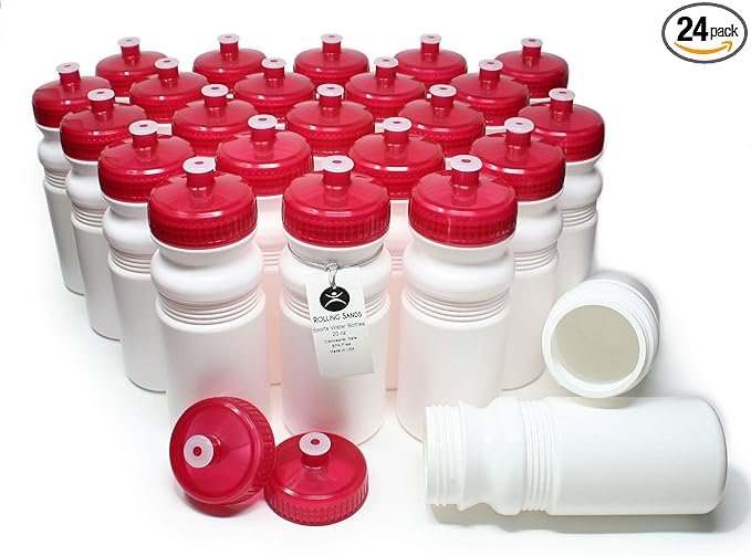 Rolling Sands 20 Ounce Sports Water Bottles 24 Pack, BPA-Free, Made in USA, Dishwasher Safe, White Bottles/Red Lids