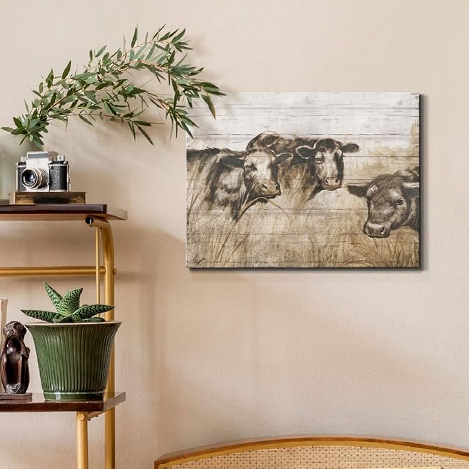 Renditions Gallery Canvas Animal Wall Art Modern Decorations Paintings Vintage Sepia Cows Abstract Black & White Farmhouse Artwork Prints for Bedroom Office Kitchen - 12"x18" LT33