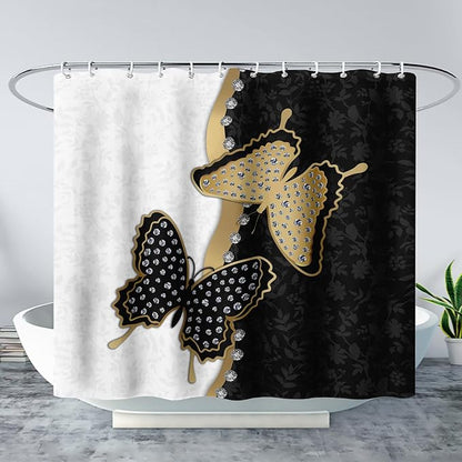 AILONEN Butterfly Shower Curtain for Bathroom Black and White Floral Printed Butterfly Bath Curtain 72" W*72" H Polyester Fabric Waterproof Bathroom Curtain with 12 Hooks