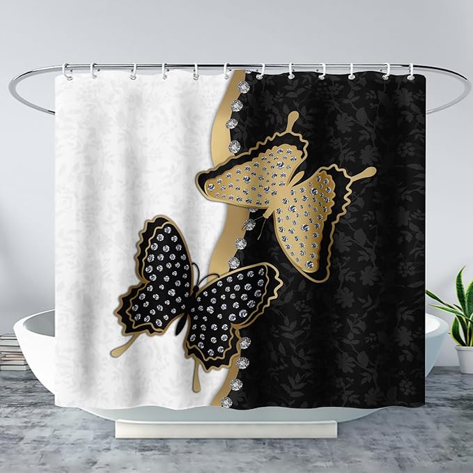 AILONEN Butterfly Shower Curtain for Bathroom Black and White Floral Printed Butterfly Bath Curtain 72" W*78" H Polyester Fabric Waterproof Bathroom Curtain with 12 Hooks