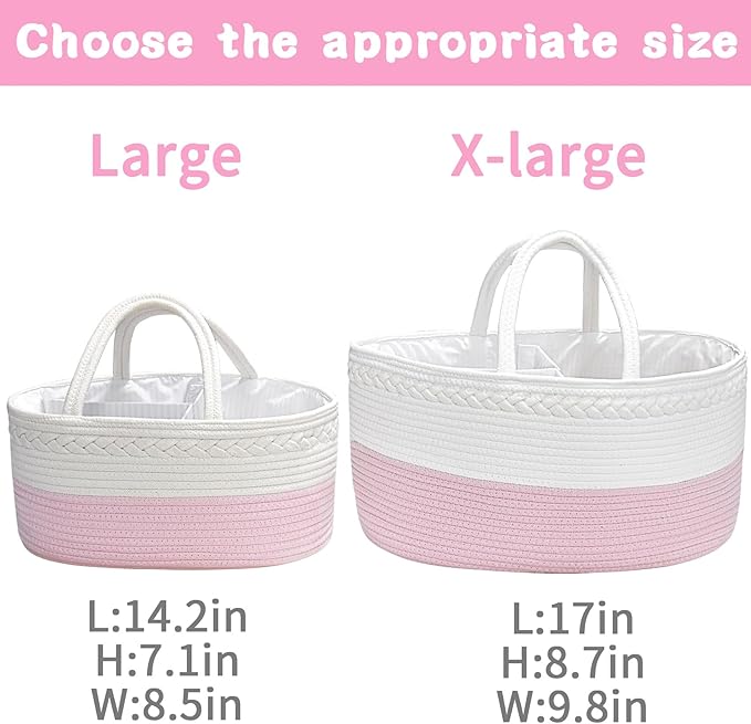 ABenkle X-Large Baby Diaper Caddy, Nursery Storage Bin and Car Organizer for Diapers Wipes, Cotton Rope Basket Changing Table Caddy, Pink