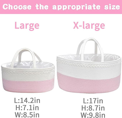 ABenkle X-Large Baby Diaper Caddy, Nursery Storage Bin and Car Organizer for Diapers Wipes, Cotton Rope Basket Changing Table Caddy, Pink