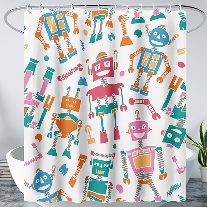 AILONEN Robots Shower Curtain,Modern Cartoon Super Robot Pattern Bathroom Decor for Boys Girls Teens Kids, 48" W*72" H Watercolor Robot Shower Curtain Set